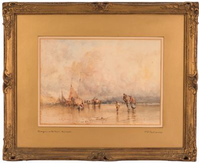 STRANGERS ON THE BEACH by Frederick William Hattersley  at Dolan's Art Auction House