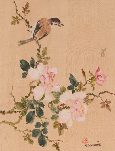 Silk Painting of Bird & Blossom at Dolan's Art Auction House