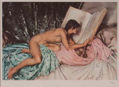 JANELLE AND THE VOLUME OF TREASURES by Sir William Russell Flint RA at Dolan's Art Auction House