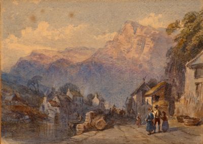 MOUNTAIN VILLAGE, WITH FIGURES ON A ROAD by Attributed to William Collingwood RWS at Dolan's Art Auction House