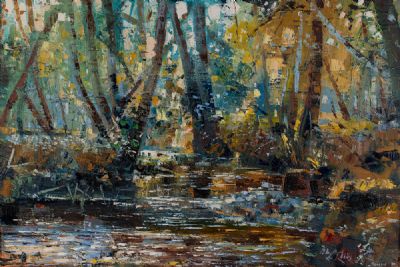 LIGHT DANCING ON A WOODLAND STREAM by Henry Morgan  at Dolan's Art Auction House