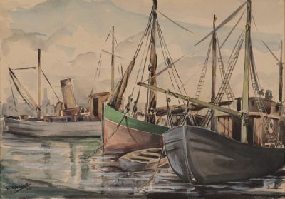 STEAM BOAT & TRAWLERS IN HARBOUR by William Spencer  at Dolan's Art Auction House