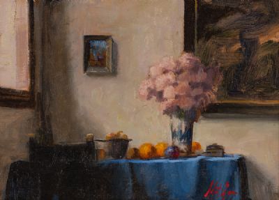 BLUE CLOTH & PINK FLOWERS by Mat Grogan  at Dolan's Art Auction House