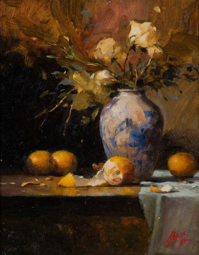 ORANGES & YELLOW ROSES by Mat Grogan  at Dolan's Art Auction House