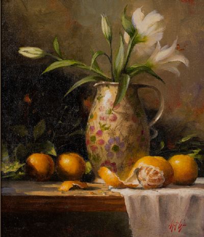LILIES IN A FLORAL JUG by Mat Grogan  at Dolan's Art Auction House