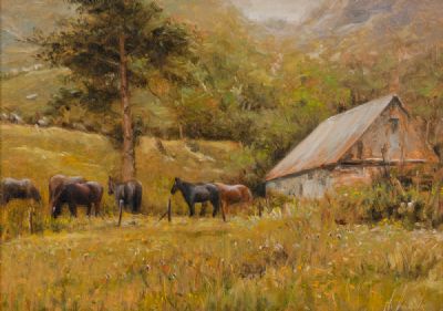 SUMMER HEAT, PONIES IN A MEADOW by Henry McGrane  at Dolan's Art Auction House