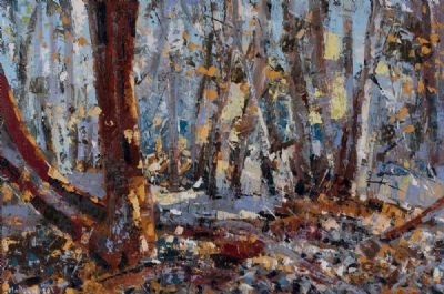 LIGHT IN THE WOODS, SILVER & BLUE by Henry Morgan  at Dolan's Art Auction House