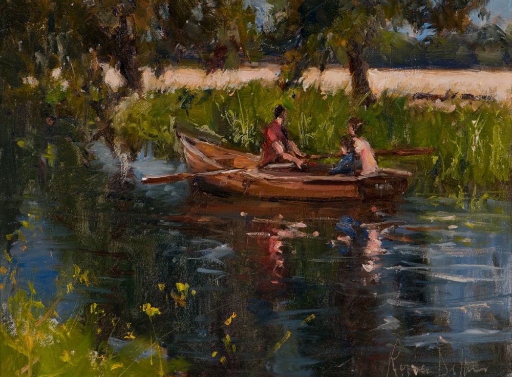 ROWING GENTLY ALONG THE RIVER by Roger Dellar ROI at Dolan's Art Auction House
