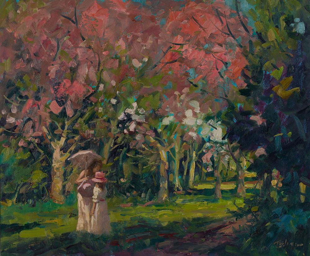 Lot 5 - MOTHER & DAUGHTER BENEATH THE CHERRY BLOSSOM by Norman Teeling, b.1944