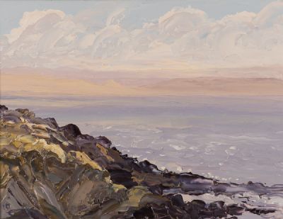 DISTANT HILLS LIT BY EARLY SUNLIGHT, FROM CORRAUN STRAND, ACHILL by Rosemary Carr ROI at Dolan's Art Auction House