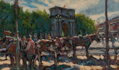 HORSES WAITING, TOP OF GRAFTON STREET by Norman Teeling  at Dolan's Art Auction House
