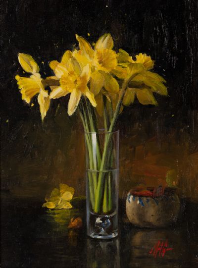 DAFFODILS IN TALL GLASS by Mat Grogan  at Dolan's Art Auction House