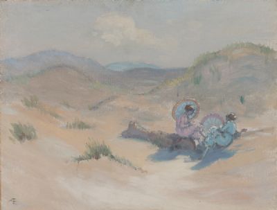 GIRLS ON A BEACH, PINK & BLUE by George Russell, AE  at Dolan's Art Auction House