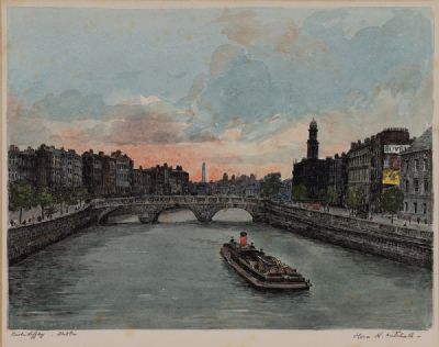 GUINNESS BARGE ON THE RIVER LIFFEY by Flora Mitchell  at Dolan's Art Auction House