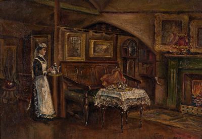 VICTORIAN INTERIOR WITH MAID by Scott (Edwardian School) at Dolan's Art Auction House