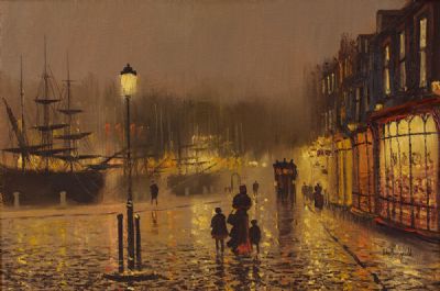 NIGHT LIGHTS ON THE OLD HARBOUR by John Bampfield  at Dolan's Art Auction House