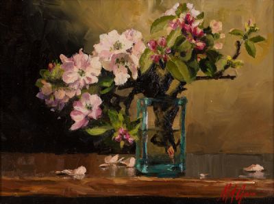 APPLE BLOSSOM IN A GREEN GLASS JAR by Mat Grogan  at Dolan's Art Auction House