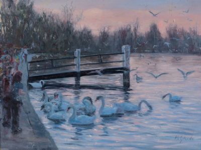 FEEDING THE SWANS AT SUNSET by Henry McGrane  at Dolan's Art Auction House