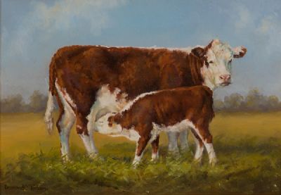THE SUCKLER, HEREFORD COW & CALF by Desmond Charles Tallon  at Dolan's Art Auction House
