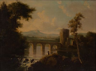 RIVER LANDSCAPE, WITH FIGURES BY A BRIDGE at Dolan's Art Auction House
