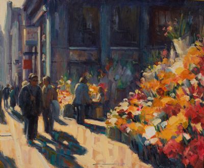 GRAFTON STREET FLOWER SELLERS by Norman Teeling  at Dolan's Art Auction House