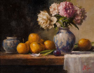 PEONY ROSES & ORANGES by Mat Grogan  at Dolan's Art Auction House