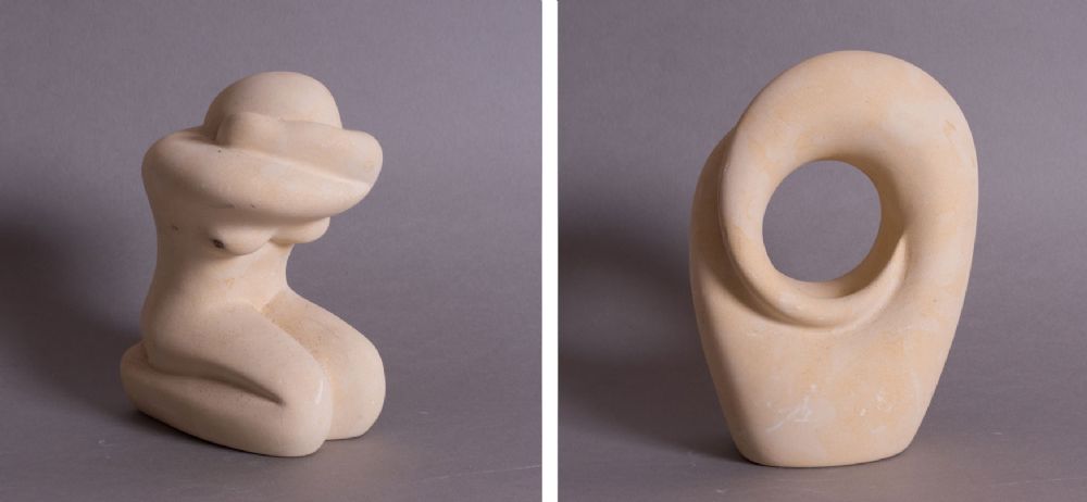 KNEELING FEMALE FIGURE & AN ABSTRACT PIECE by Joe Xuereb, Maltese Sculptor  at Dolan's Art Auction House
