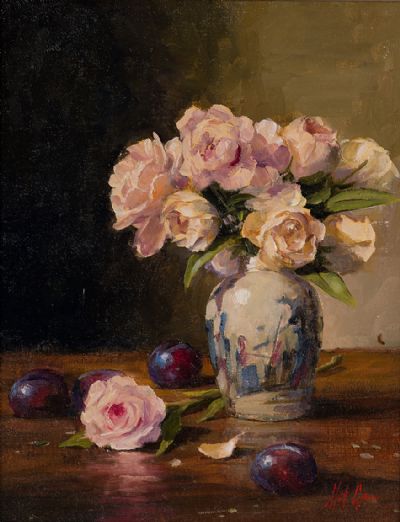 PINK ROSES & PLUMS by Mat Grogan  at Dolan's Art Auction House