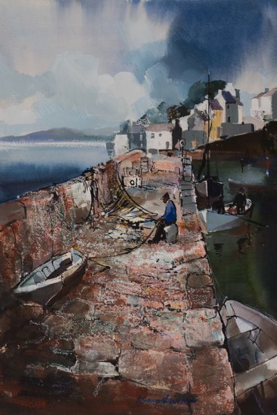 ROUNDSTONE HARBOUR, LOBSTER POTS & MENDING NETS by Kenneth Webb RWA FRSA RUA at Dolan's Art Auction House