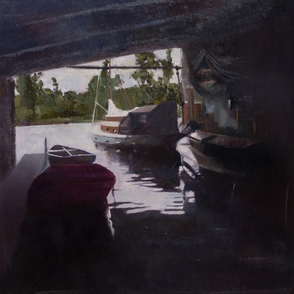 MORNING LIGHT IN THE BOATHOUSE by Rose Stapleton  at Dolan's Art Auction House