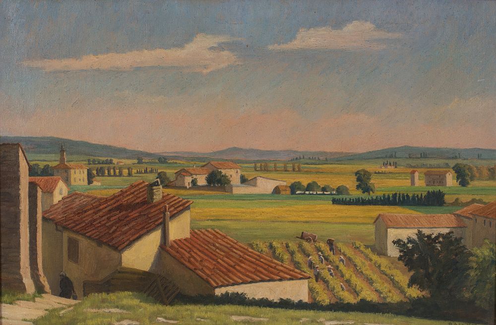 Lot 155 - RED ROOFS ABOVE THE VINEYARD by Rachel Ann le Bas, 1923 - 2020