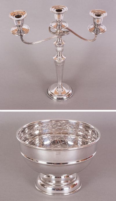 Silver Plated Candelabra & Rose Bowl at Dolan's Art Auction House