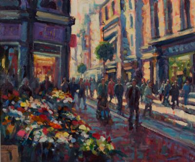 FLOWER SELLERS ON A SUNLIT GRAFTON STREET by Norman Teeling  at Dolan's Art Auction House