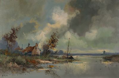 RIVER LANDSCAPE WITH FIGURE & BOAT AND DISTANT WINDMILL at Dolan's Art Auction House