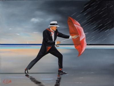 RED BROLLY, AGAINST THE ELEMENTS by Ken O'Neill  at Dolan's Art Auction House