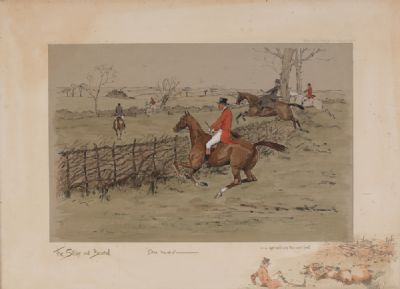 THE STAKE AND BOUND, ''Send ''em at it . . and get well into the next field'' (1913) by Snaffles, Charlie Johnson Payne  at Dolan's Art Auction House