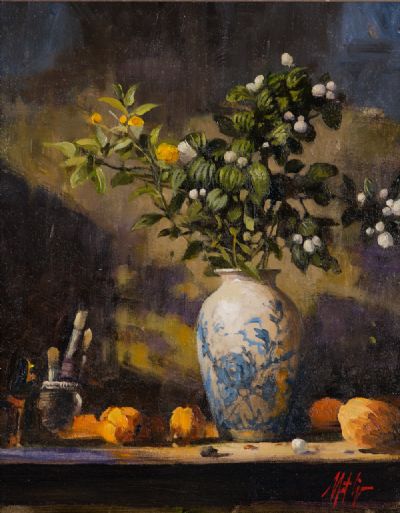 JAPANESE VASE WITH CHINESE LANTERNS by Mat Grogan  at Dolan's Art Auction House