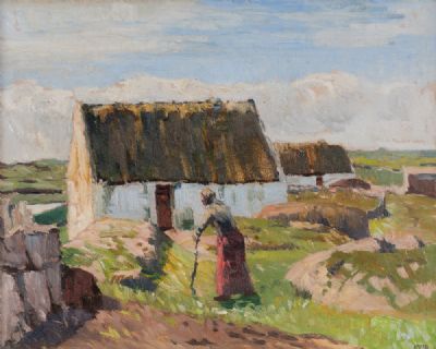 COTTAGES & OLD WOMAN IN CONNEMARA by Charles Vincent Lamb RHA, RUA at Dolan's Art Auction House
