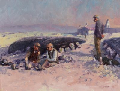 INISHERE, CURRACH MEN ON THE BEACH by Roy Lyndsay  at Dolan's Art Auction House