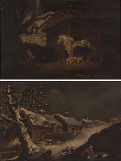 HORSES BY A FARM COTTAGE & COTTAGES & IN THE WINTER SNOW at Dolan's Art Auction House