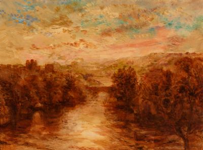 RIVER SUNSET ON BRIDGE & TOWN BEYOND by Jack Cudworth  at Dolan's Art Auction House