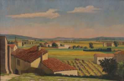 RED ROOFS ABOVE THE VINEYARD by Rachel Ann le Bas  at Dolan's Art Auction House