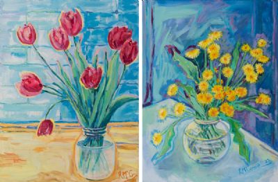 RED TULIPS & YELLOW FLOWERS by Rachel McCormick  at Dolan's Art Auction House