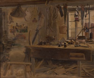 THE CARPENTER'S WORKBENCH by Rachel Ann le Bas  at Dolan's Art Auction House