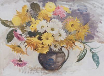 SHASTA DAISIES & YELLOW DAISIES IN BLOOM by Geraldine O'Brien  at Dolan's Art Auction House