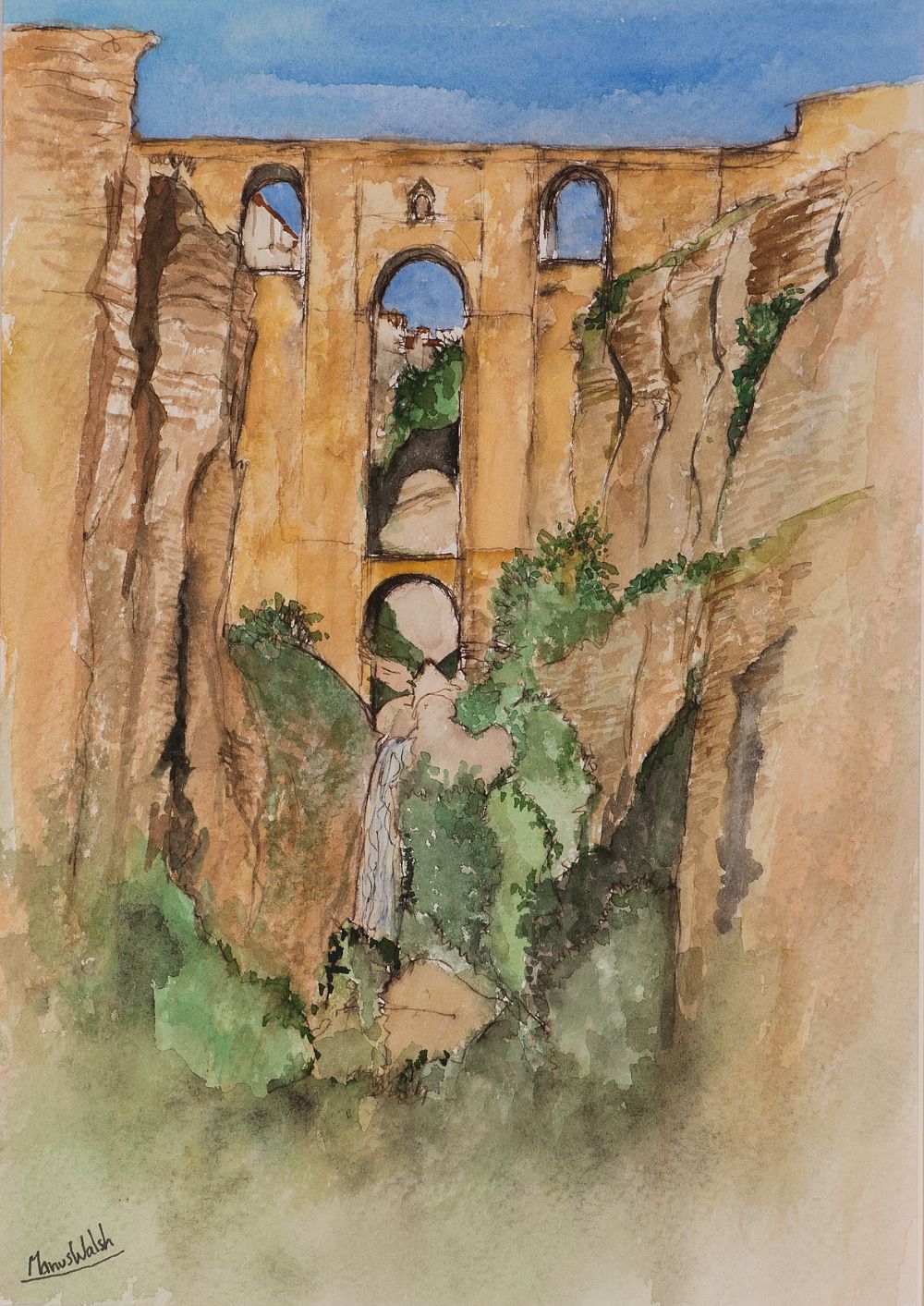 Lot 102 - THE RONDA GORGE, ANDALUCIA by Manus Walsh, b.1940
