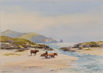 CATTLE ON THE BEACH AT ROSBEG by Robert Egginton  at Dolan's Art Auction House