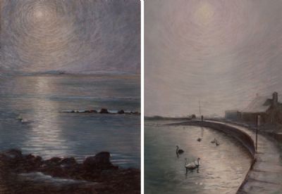 MISTY SUNRISE AT THE CLADDAGH & MUTTON ISLAND BY NIGHT by Janet Vinell  at Dolan's Art Auction House
