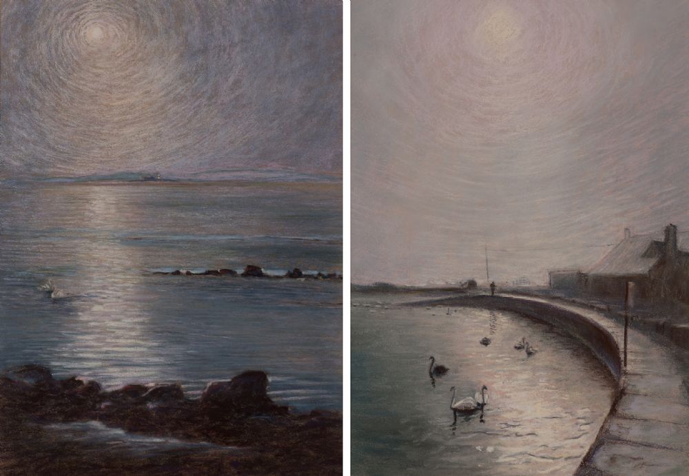 Lot 190 - MISTY SUNRISE AT THE CLADDAGH & MUTTON ISLAND BY NIGHT by Janet Vinell