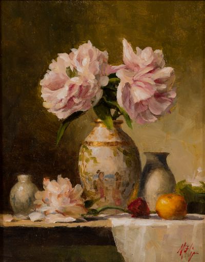 PINK PEONY ROSES by Mat Grogan  at Dolan's Art Auction House
